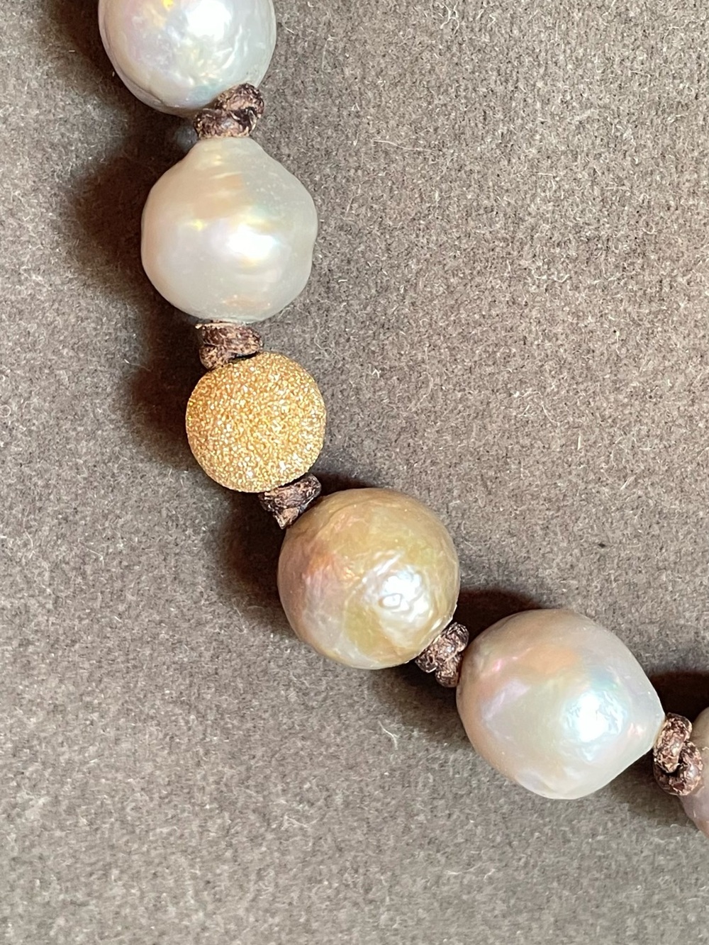 Gray Pearl Necklace with Brown Suede Tie - Picture 3 of 8
